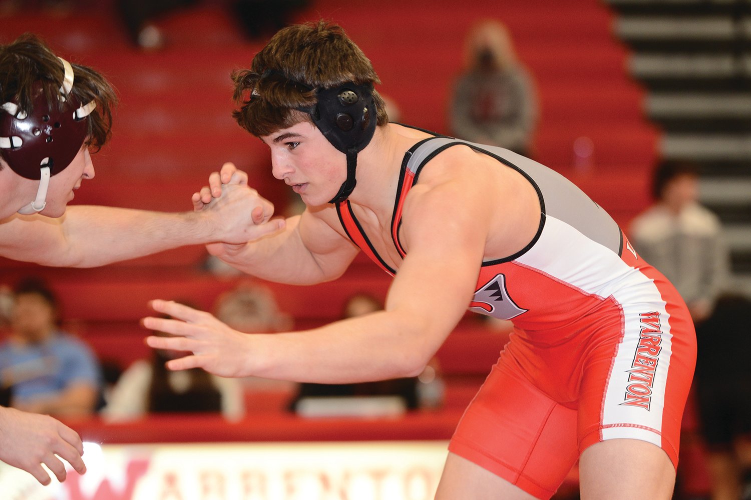 STATE PERFORMER — Warrenton’s Anthony Lombardo, shown here in a match earlier this season, competed at the Class 3 state meet on Friday, March 12.	Bill Barrett photo.
