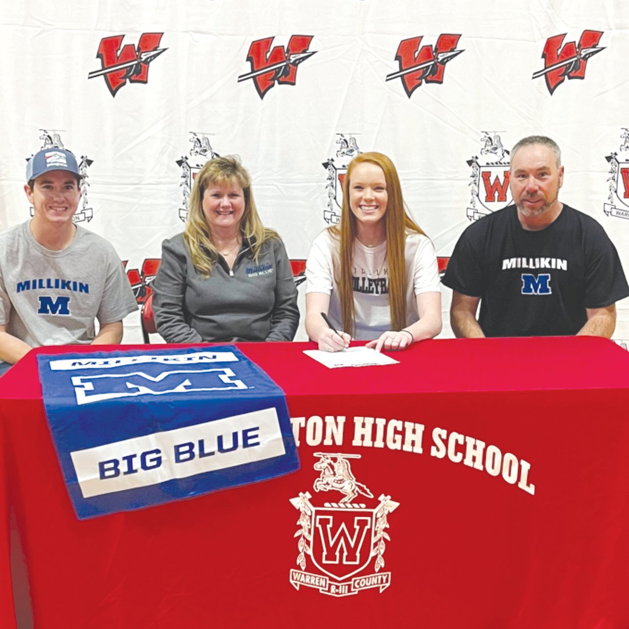 MILLIKIN BOUND — Warrenton senior Allie Gerard, second from the right, recently signed to play volleyball at Millikin University, a Division III school in Decatur, Ill. Also pictured are Charlie, brother; and Terri and Travis Gerard, parents.		Submitted photo.