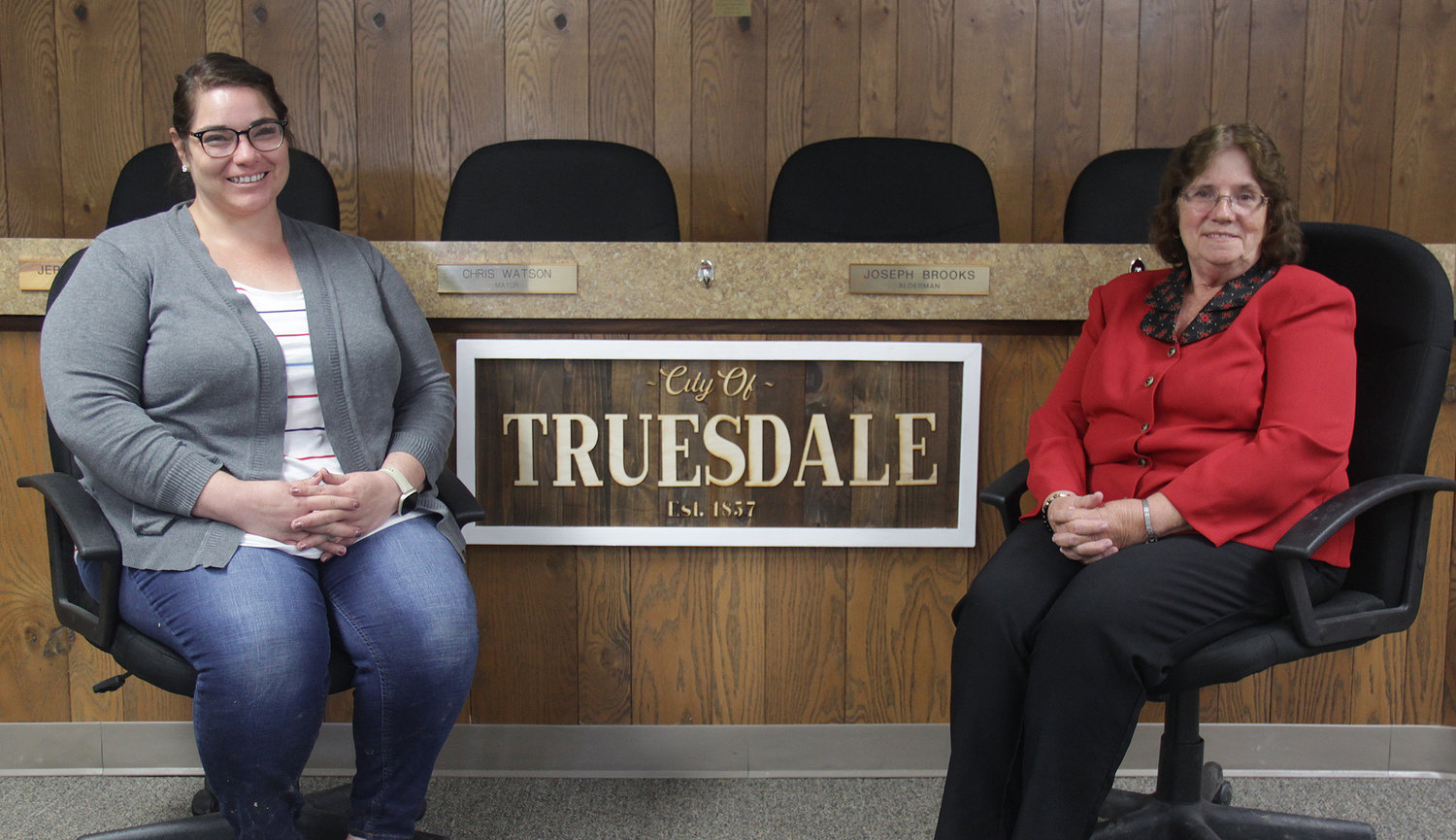 PASSING THE BATON — MaryLou Rainwater, right, has retired as Truesdale’s city clerk and administrator after 39 years in office. Elsa Smith-Fernandez, left, a 10-year employee, has been appointed as the new city clerk.