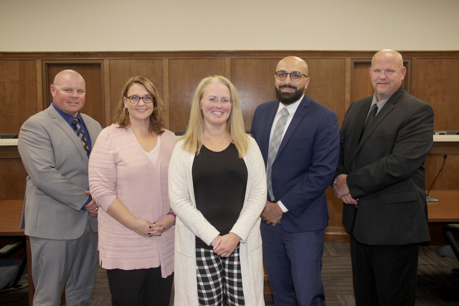 NEW LEADERS FOR WRIGHT CITY — Michelle Heiliger, center, was appointed to serve as Wright City’s mayor by her fellow aldermen on Oct. 14. Karey Owens, in pink, was appointed to Heiliger’s newly open seat on the board of aldermen. With them, from left, are aldermen Nathan Rohr, Ramiz Hakim and Don Andrews.