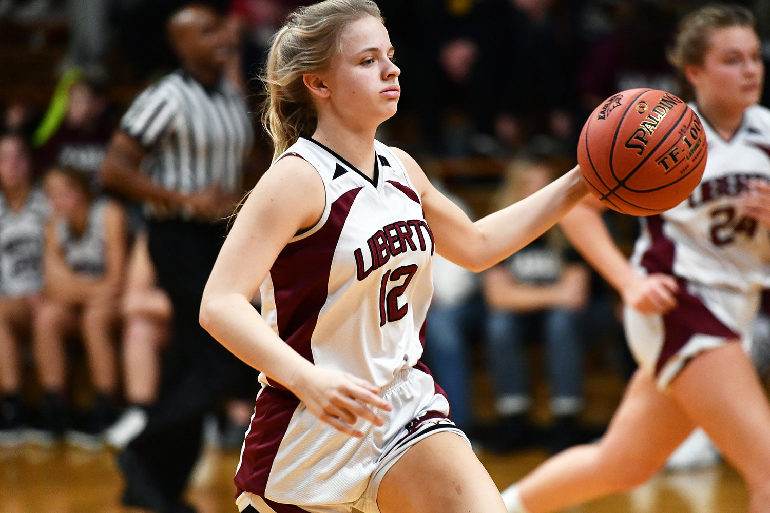PERFECT START — Liberty Christian’s Alli Meyer dribbles up the court in a game earlier this season. The Eagles have remained unbeaten through their first 14 games to open the season, beating Valley 86-23 in the first round of the Bourbon Tournament Tuesday.