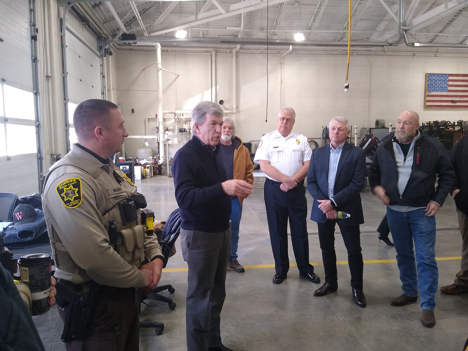SENATOR VISITS — U.S. Senator Roy Blunt addresses a group of first responders, emergency board members and city leaders during a weekend visit to the Warrenton Fire District station on South Highway 47. Blunt came to Warrenton as part of two stops that he made on Saturday, Feb. 12.