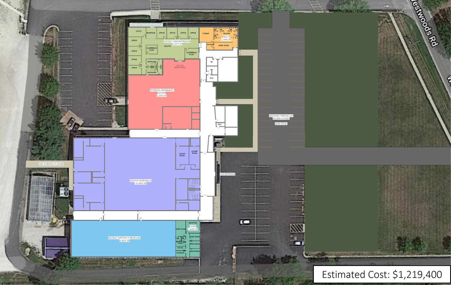This image, taken from a Wright City School Board presentation, shows plans for Wright City current high school building after a new school is constructed. The dark green and gray portion to the right shows where the eastern half of the building will be demolished.