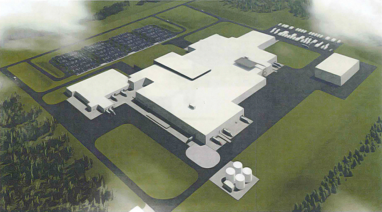 This computer rendering shows the basic exterior layout of a proposed 500,000-square-foot beef processing plant outside Foristell.