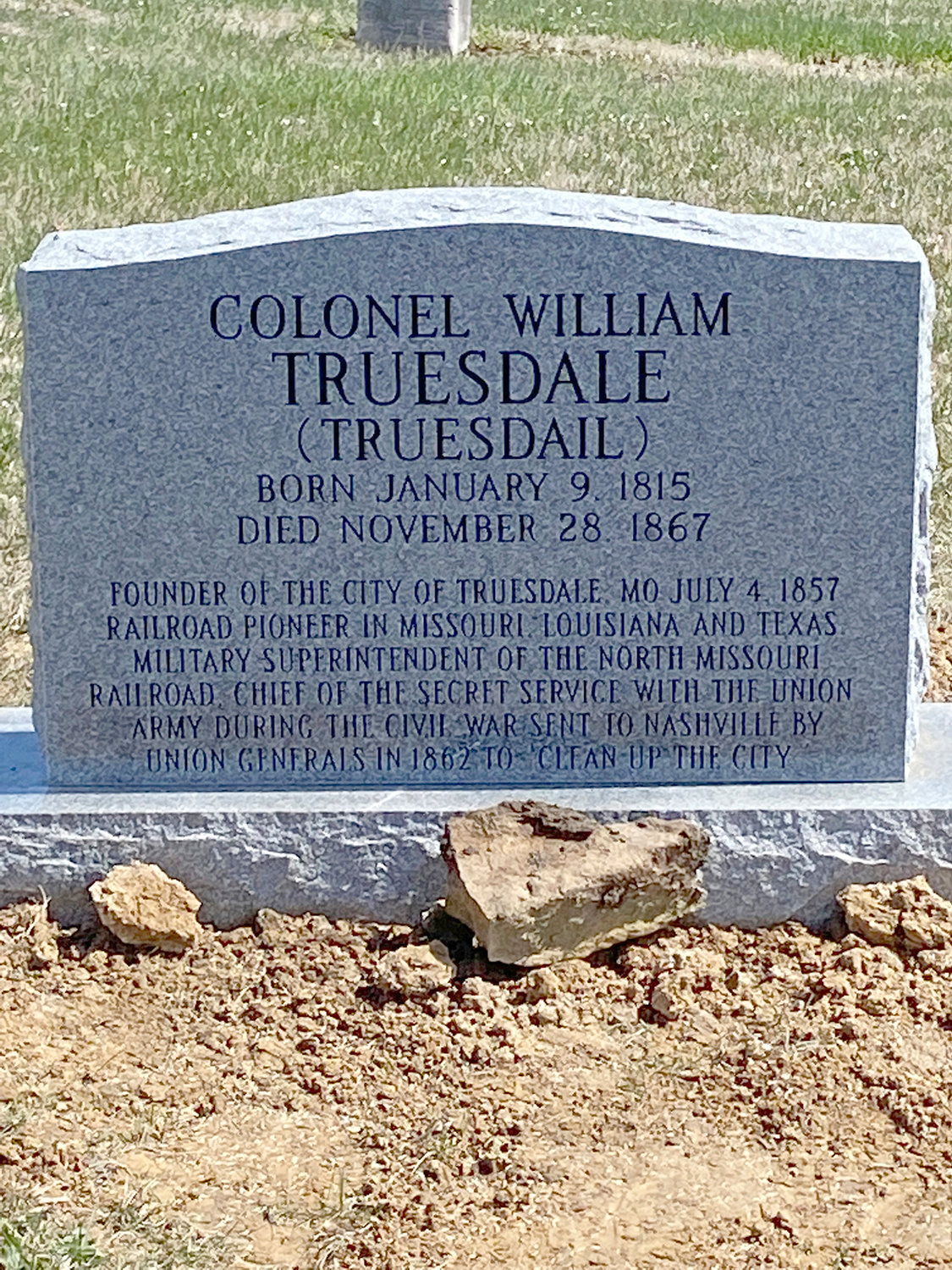 PRIDE IN HISTORY — Community members fundraised to purchase a gravestone for William Truesdail, who had no grave marker following the destruction of a 1948 tornado. The new marker notes the founding of the city of Truesdale, along with the founder’s railroad pioneer work and service during the Civil War.