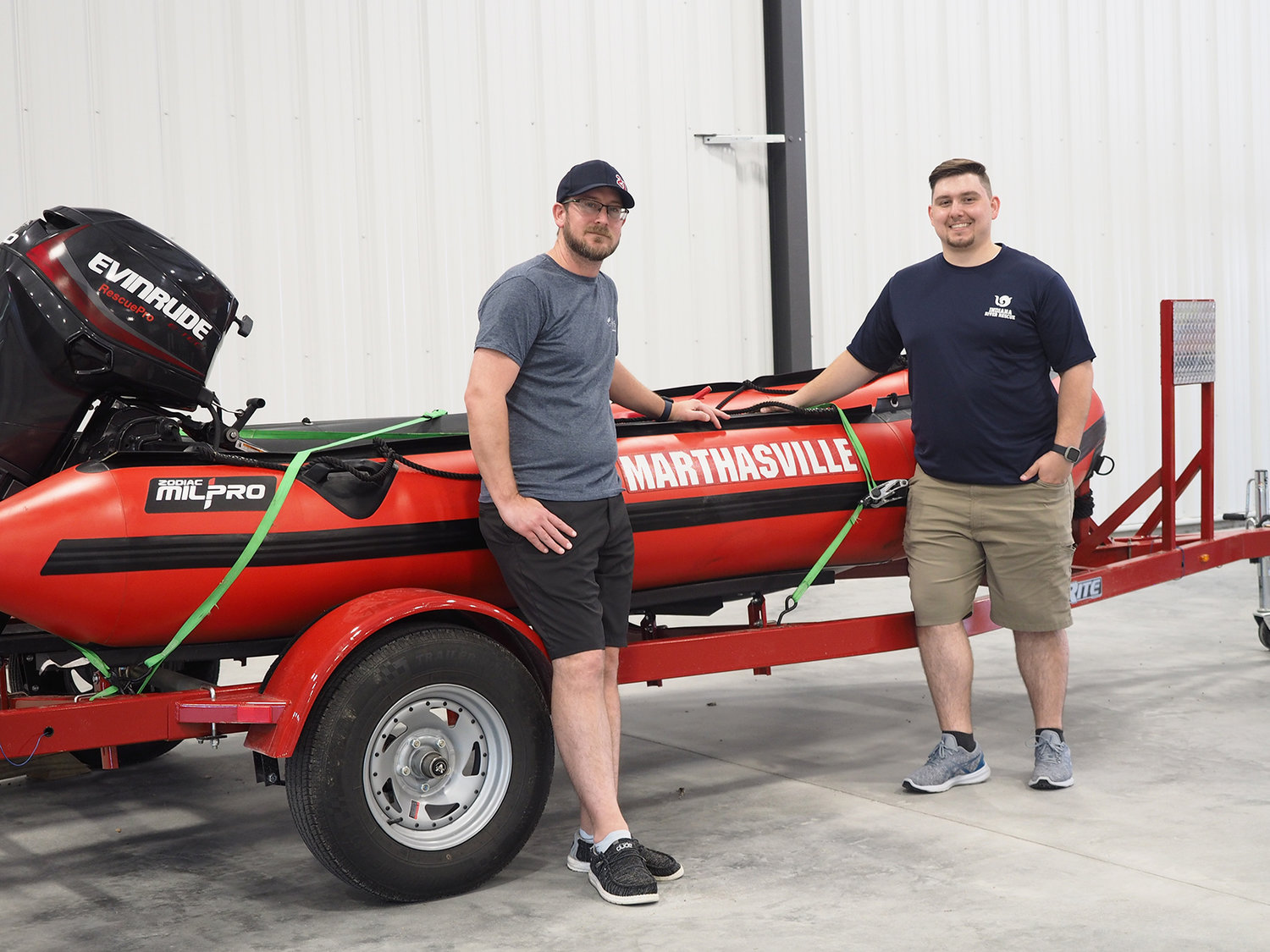 SWIFTWATER CERTIFIED — Marthasville Fire Captain Tony Timpe, left, and firefighter Jacob DeVore, recently earned their swiftwater technician certifications at the Indiana River Rescue School in South Bend, Indiana. For five days, the men trained in rescue skills, boat operation, rope skills, anchoring methods and problem-solving for making risky water rescues.