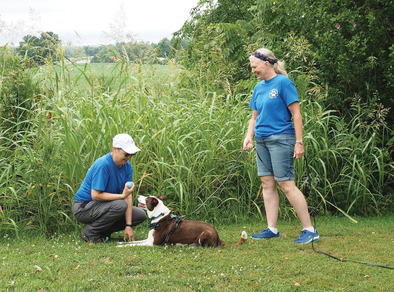 SUCCESSFUL FIND — Border Collie Juno, a tracking and trailing search dog, owned by Glenda Eichmeyer, right, has successfully located team member Jackie Bross, left. Bross is rewarding Juno for a job well done by allowing Juno to play with the toy of her choice as a reward. Search and rescue dogs were honing their skills in a training held Saturday, July 9.