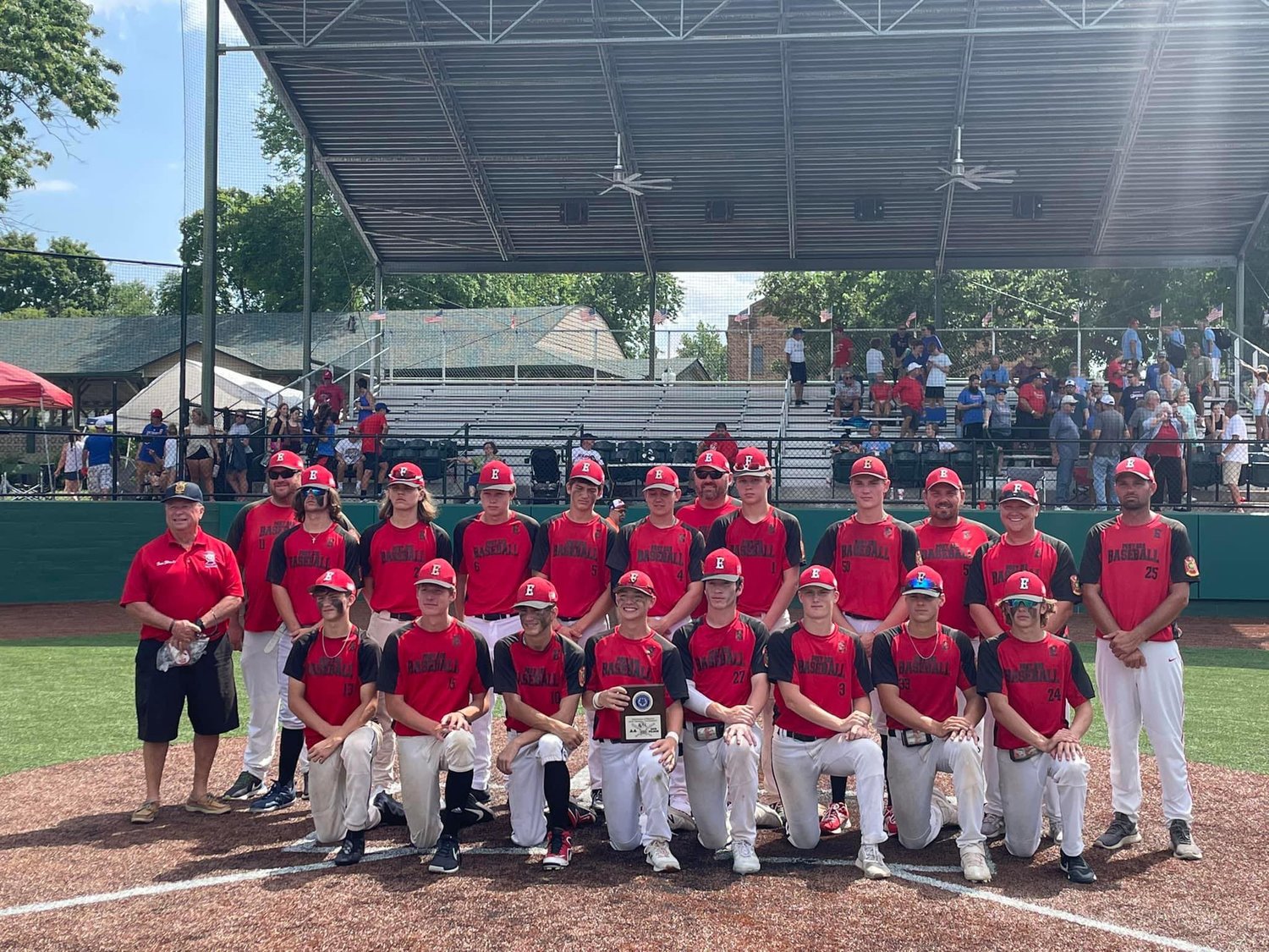 The AA Junior-Red legion team that took second in state is shown. Members of the team are DJ Barth (14), Trent Albrecht (28), Camden Palmer (6), Walker Chandler (5), Carson White (4), Cayden Palmer (1), Gavin Marshall (50), Zach Gibson (13), Gavin Woodson (15), Noah Taylor (10), Logan Havican (20), Brady Creech (27), Kyle Thompson (3), Landon Niederer (33), Nate Wibbenmeyer (24), Alex Kinnie (7). Assistant coaches are Bill Woodson, Shaun Marshall, Jason Howard and Tracy Hunter. Head coach is Chad Creech.