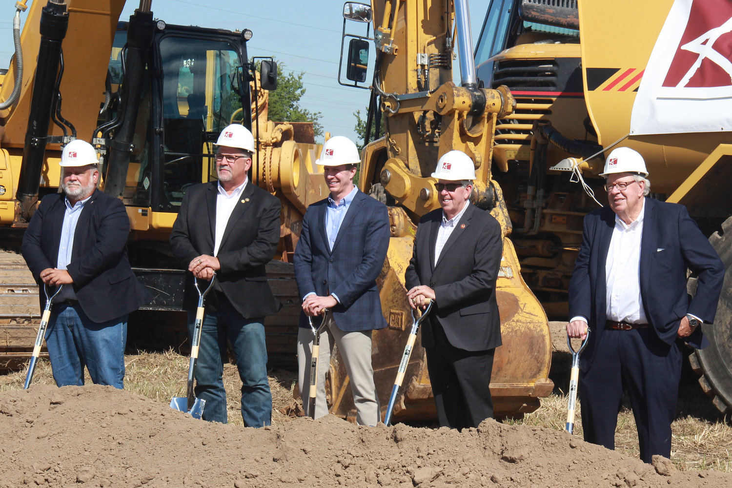 Among the delegates present to celebrate the ceremonial groundbreaking for American Foods Group's future beef plant in Warren County were, from left, Warren County Commissioners Matt Flake and Joe Gildehaus, AFG Executive Vice President Reid Rosen, Missouri Gov. Mike Parson, and AFG CEO Tom Rosen.