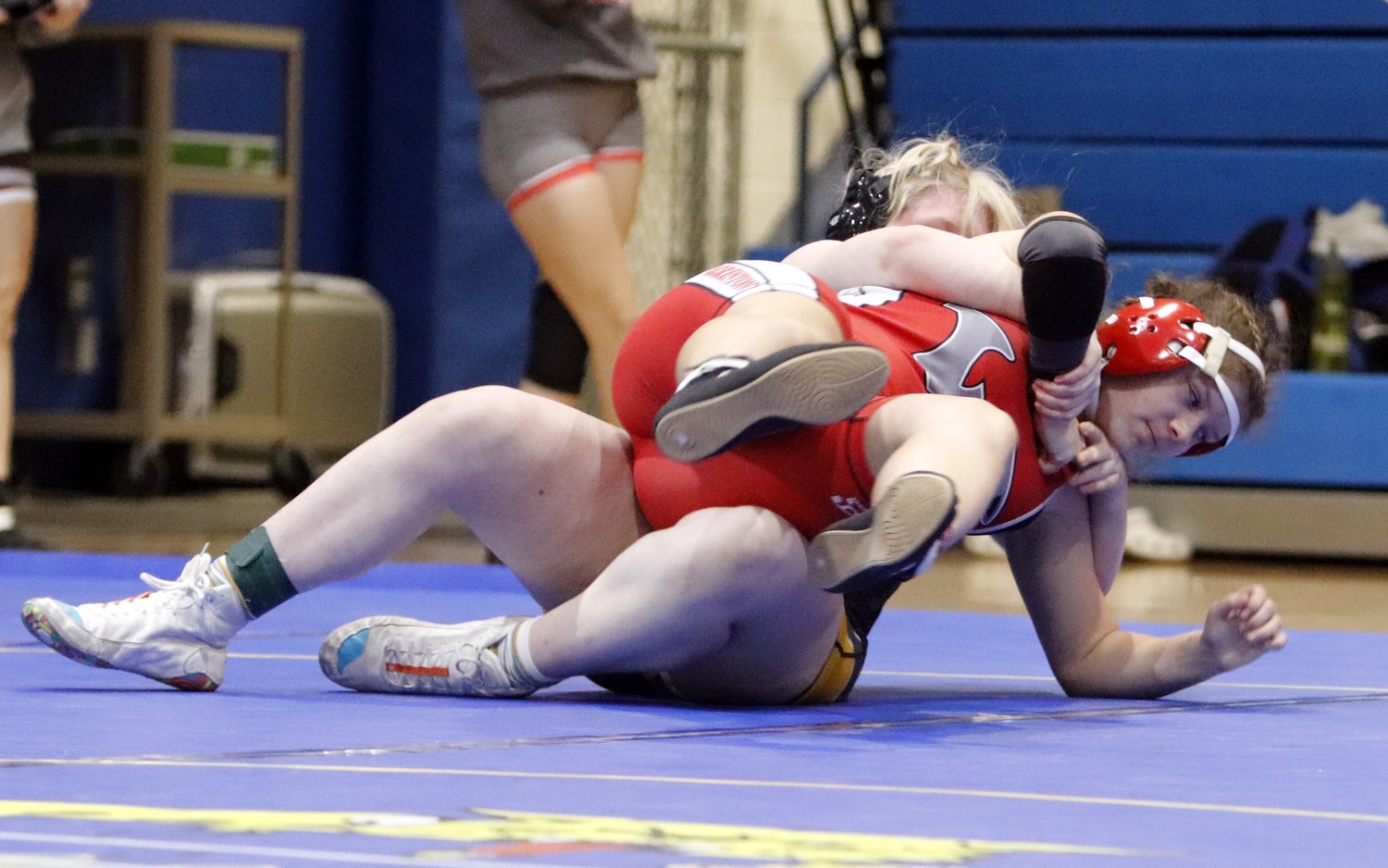 Warrenton freshman Allison Vacek competes against Sullivan wrestler Ruby Daily during the 170-pound fifth place match at Saturday’s Wright City Tournament. Vacek placed sixth in the weight class.