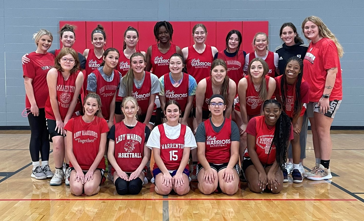 Members of the Warrenton girls basketball team are, front row, from left:  Makenna Faubion, Natalie Scheibe, Gabrielle Devivo, Rose Renshaw, Mi’cheall Thomas. Middle row, from left: Kimberly Huellewig, Alyssa Adams, Isabel Benke, Kylie Overkamp, Erin Klasing, Abbigail Nehring, Nyasia Love. Back row, from left: Head coach Hannah Logan, Audrey Payne, Kendall Taylor, Zoe Klaus, Nevaeh Hill, Kaelyn Meyer, Zoe Duncan, Anna Wade, Assistant coach Brooke Smith, Assistant coach Kayla Nelson. Not pictured: Sophi Mueller, Savannah Miller, Emma Ducan, Aniyah Hoper.