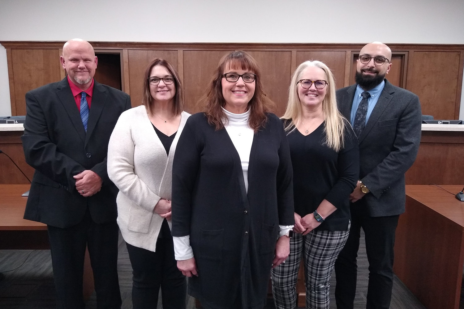 NEW ALDERMAN — Kim Arbuthnot, center, was appointed Jan. 26 to fill a vacancy on the Wright City Board of Aldermen. She is running unopposed for election to a full, two-year term. Pictured with her, from left, are Aldermen Don Andrews and Karey Owens, Mayor Michelle Heiliger, and Alderman Ramiz Hakim.
