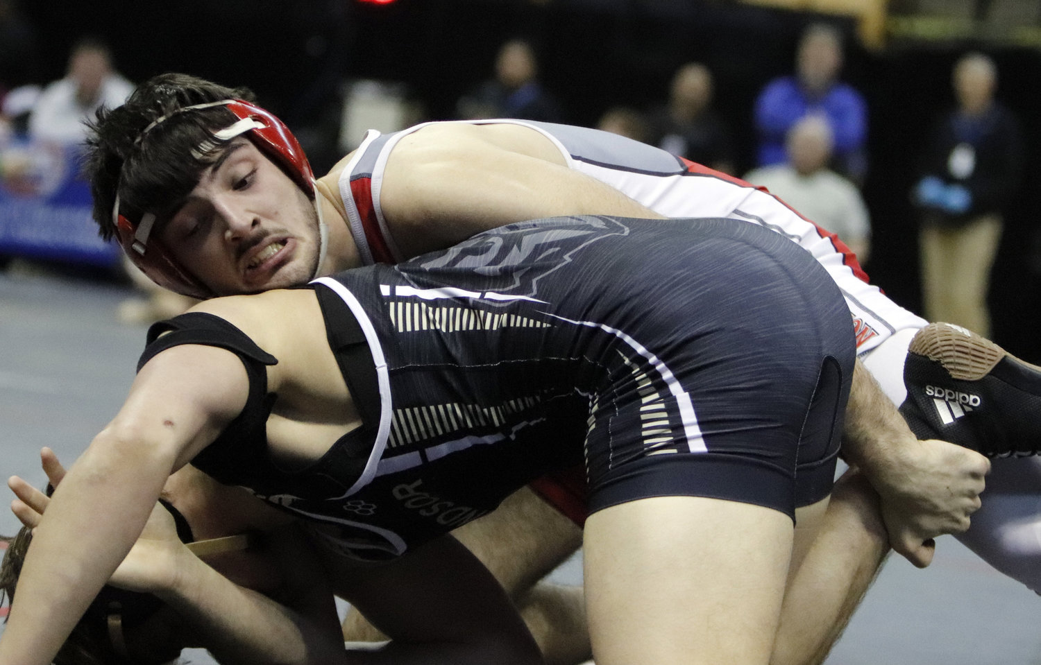 Jacob Ruff (top) wrestles against Colin Carter of Windsor Imperial during the state tournament Friday.
