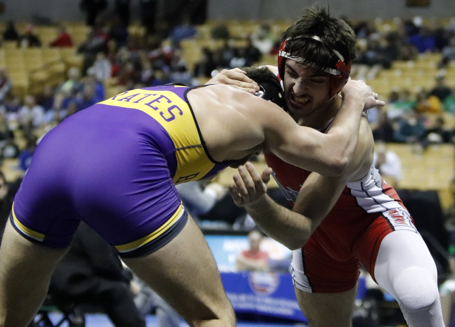 Warrenton junior Jacob Ruff (right) wrestles against Luca Riley of Belton in the Class 3 190-pound championship match.