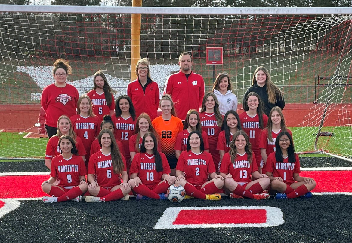 Members of the Warrenton girls soccer team are, front row, from left: Isabelle Morris, Ashlynn Reeves, Gigi DeVivo, Kylie Overkamp, Morgan Marschel, Princess Cullom.
Second row, from left: Camryn Petersmeyer, Breeyn Young, Allison Duncan, Coryn Higby, Lana Le, Meredith Donovan.
Third row, from left: Autumn Bledsoe, Megyn Young, Emily Beumel, Haley Rausch, Zoe Klaus.
Back row, from left: Manager Chloe Boden, Kiersten Cullom, Varsity Coach Amy Wargowsky, Assistant Coach Jake Brown, Assistant Coach Courtney Nenninger, Manager Mady Kelly.
Not Pictured :  Emma Duncan