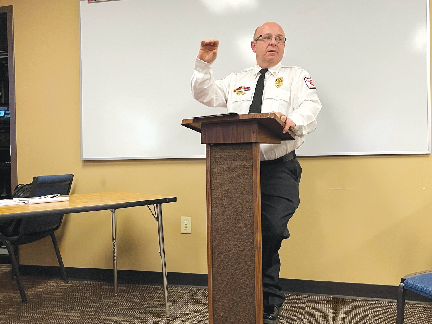 TOWN HALL MEETING — Warrenton Fire Chief Anthony Hayeslip speaks during a town hall meeting held last week about the district’s upcoming $10 million bond issue voters will decide on April 4.