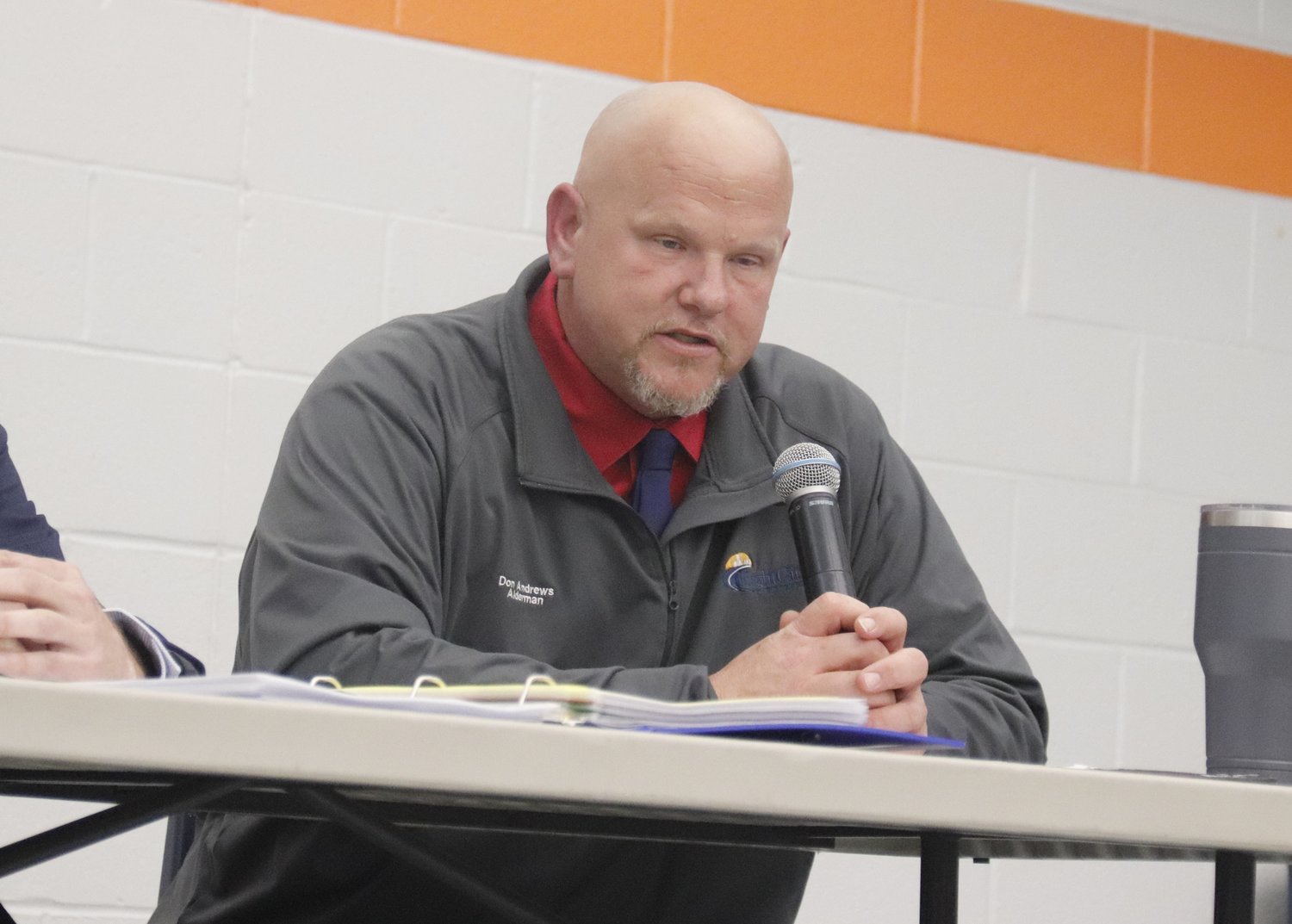Incumbent Alderman Don Andrews answers a question at last week’s Meet the Candidate night at Wright City Middle School.