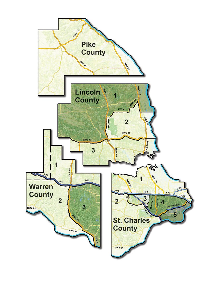 This map shows the district boundaries within the Cuivre River Electric Cooperative. Districts where board seats are available to nominees are highlighted dark green.