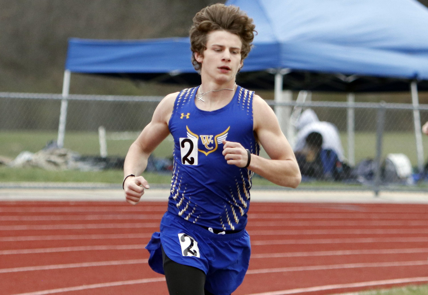 Wright City senior David Riggs competes in the 1,600-meter run during the Wright City Warm Up Meet last week. Riggs placed second in the competition.