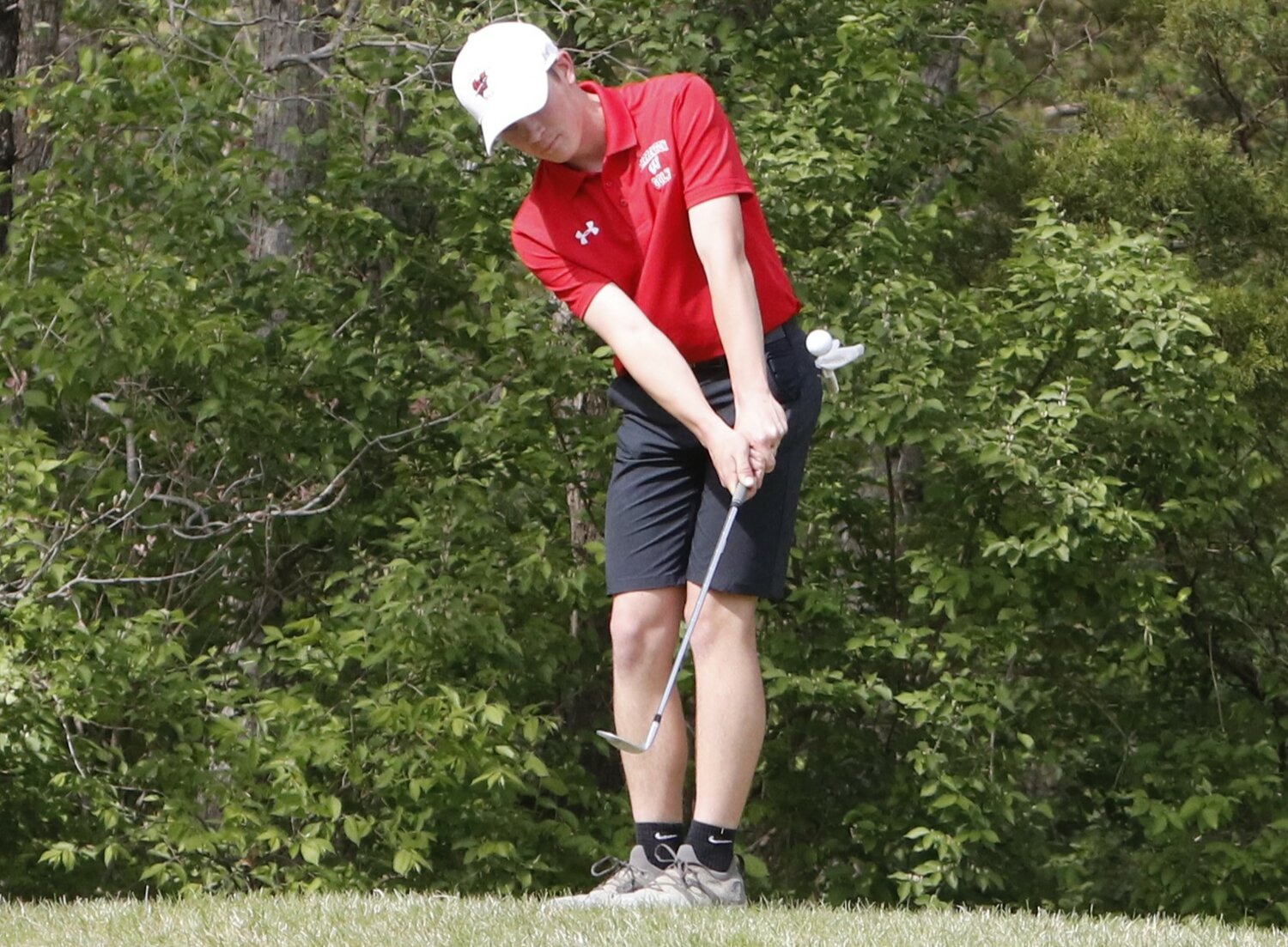 Warrenton junior Owen Thompson chips the ball onto the green at the No. 2 hole at Country Lake Golf Course.
