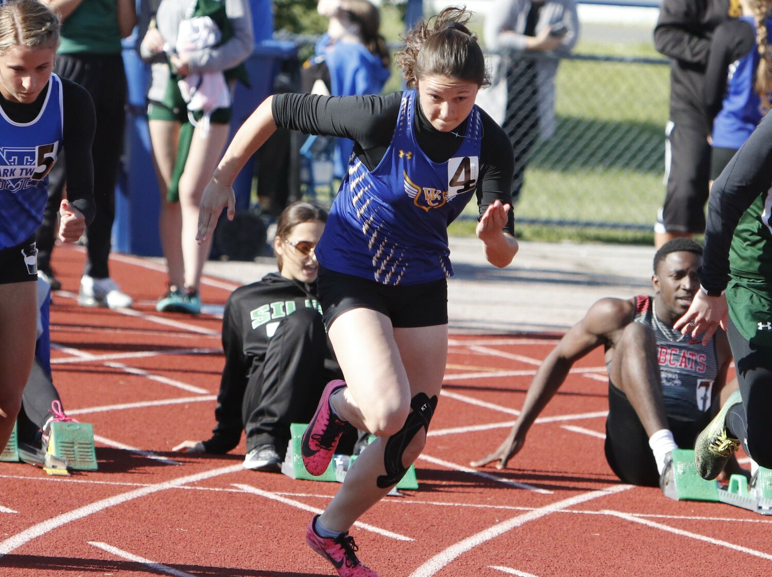 Wright City sophomore Lydia Clubb runs in the 100-meter 
dash race at Tuesday’s EMO conference meet. Clubb won 
the event and set a school record.