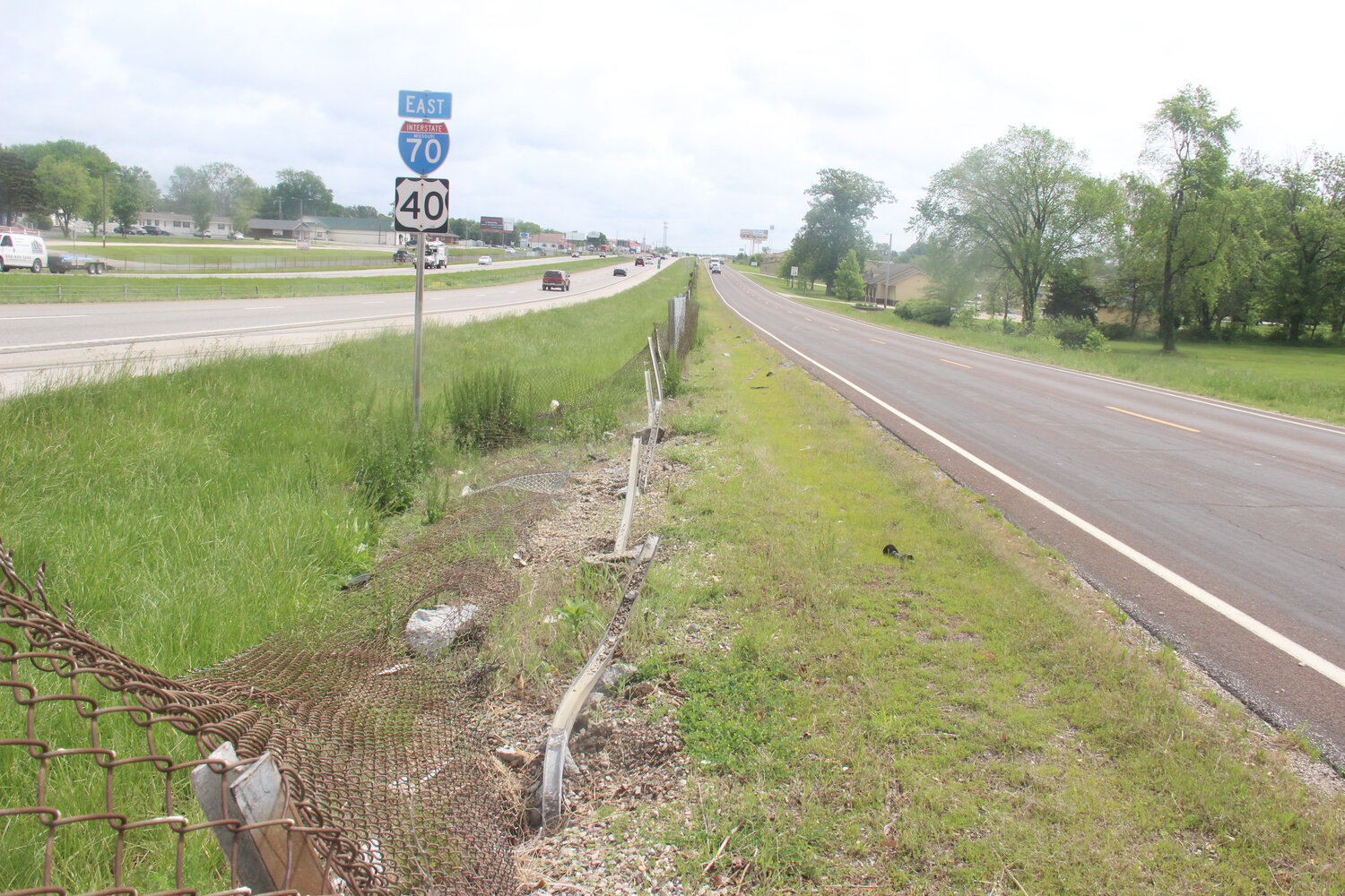 Damage from the May 9 crash was still visible the afternoon of May 12, including a severely damaged fence that separates Interstate 70 from Veterans Memorial Parkway in Wright City.