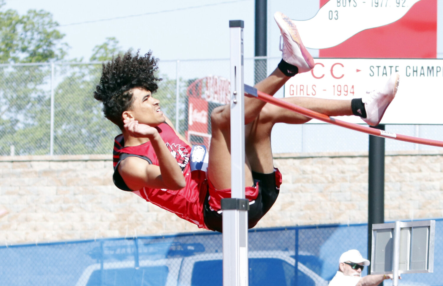 Warrenton senior Deacon Forrest attempts to clear the bar during the high jump competition May 26 at the Missouri state track and field meet in Jefferson City.