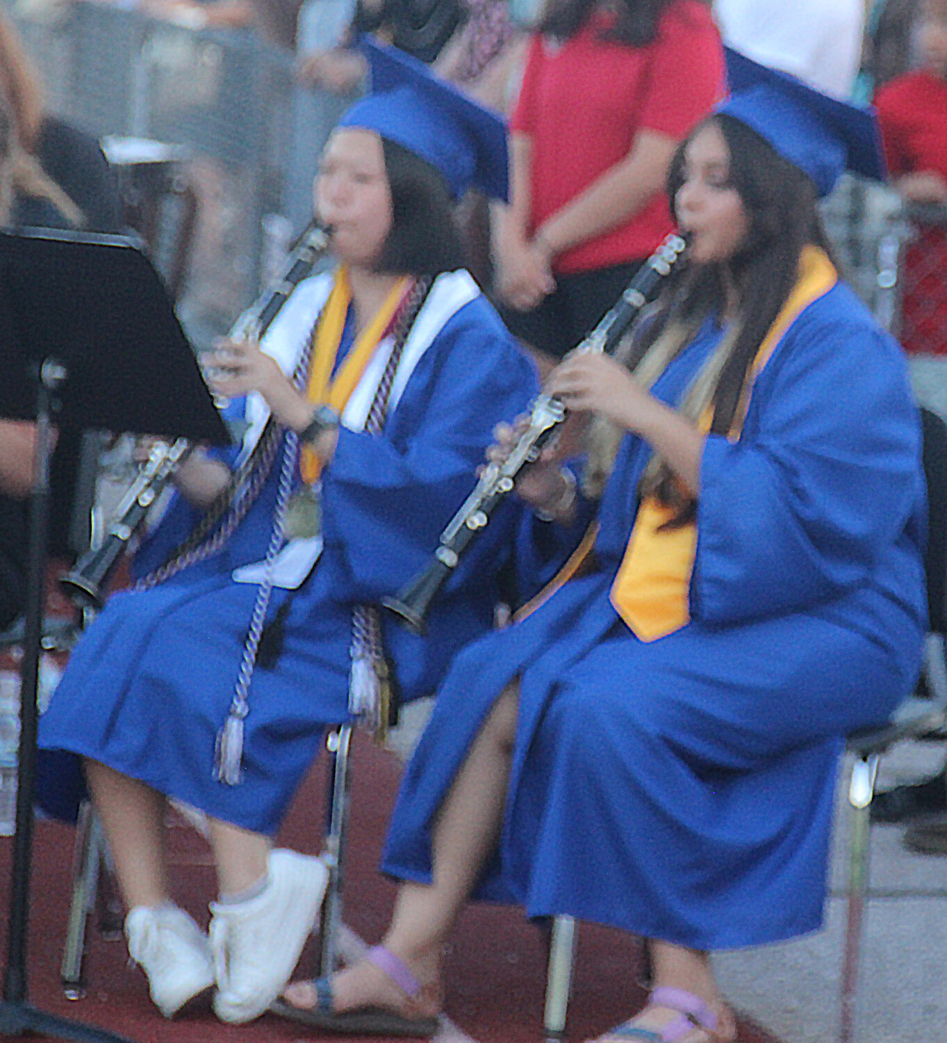 Two Wright City High School seniors were among several who joined the concert band to play "Sleep" during the graduation ceremony. It's the last time the seniors would play with their high school band.