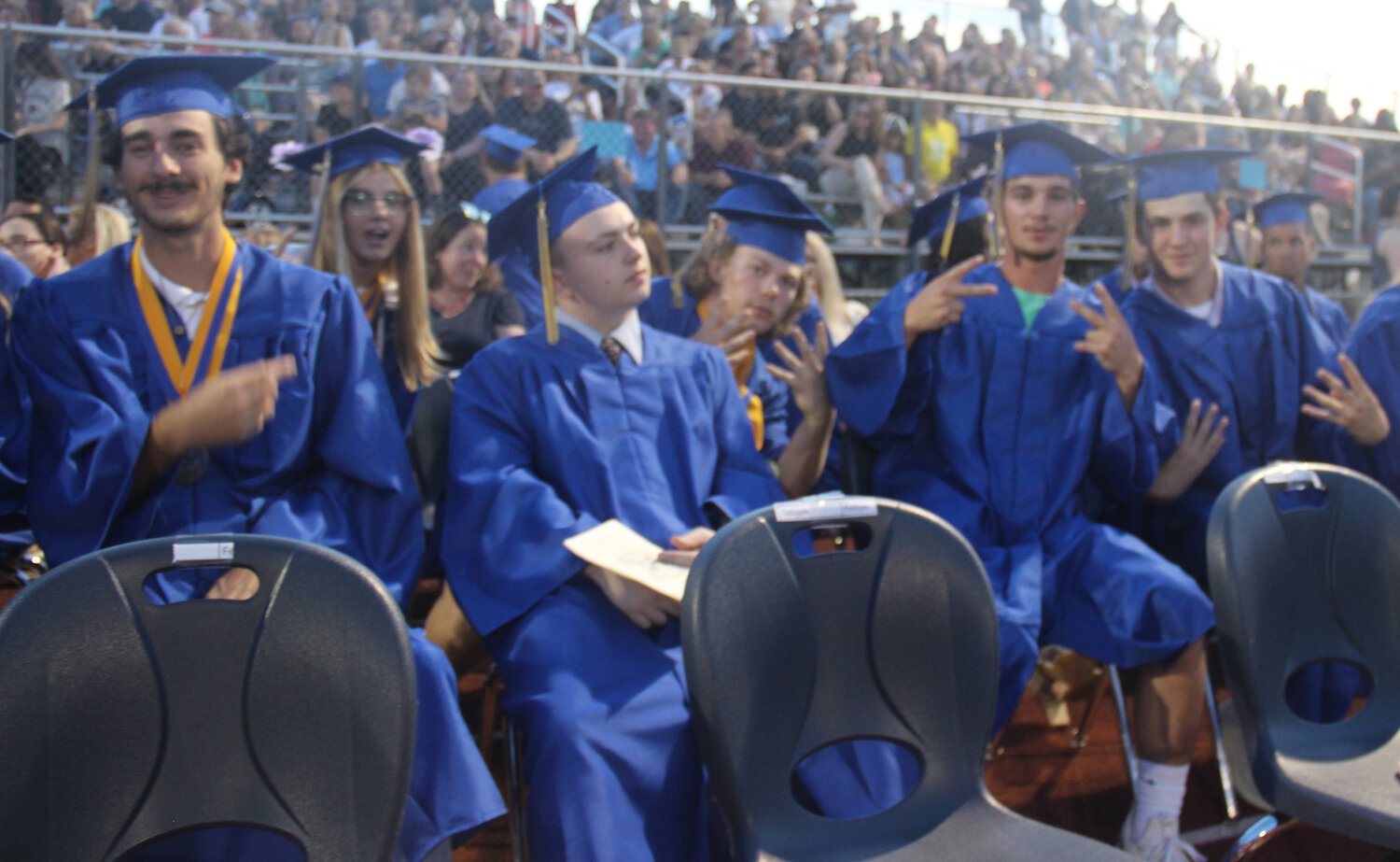 Wright City High School seniors have some fun while they wait for their chance to cross the graduation stage.
