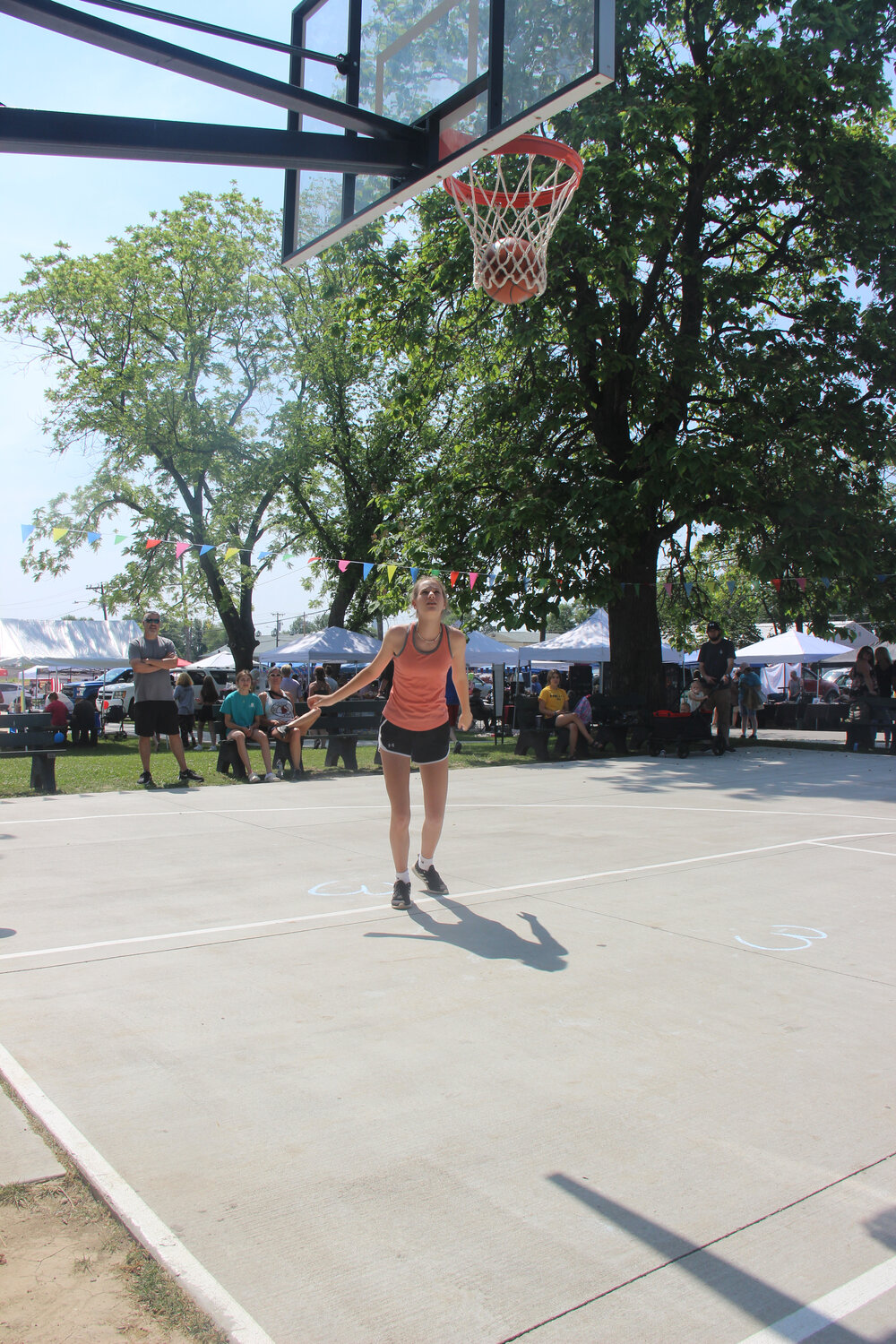 Makenna Faubion was the first person to hit the basketball court during the Hot Shots competition at Summerfest in Truesdale on June 3.