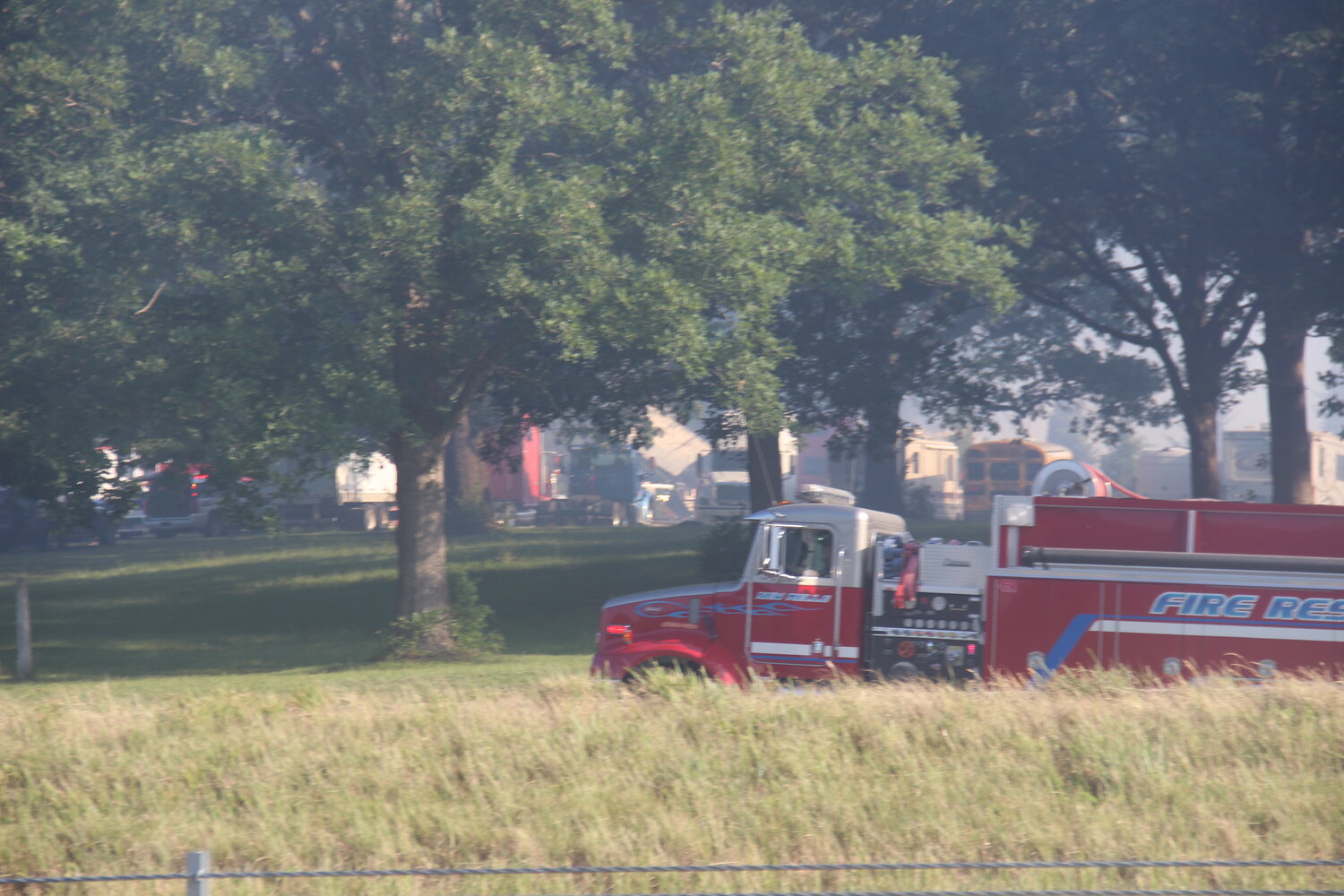 A fire truck was on scene at the site of a large fire in Warrenton early Monday morning. The fire blew smoke across the interstate and closed the North Service Road.
