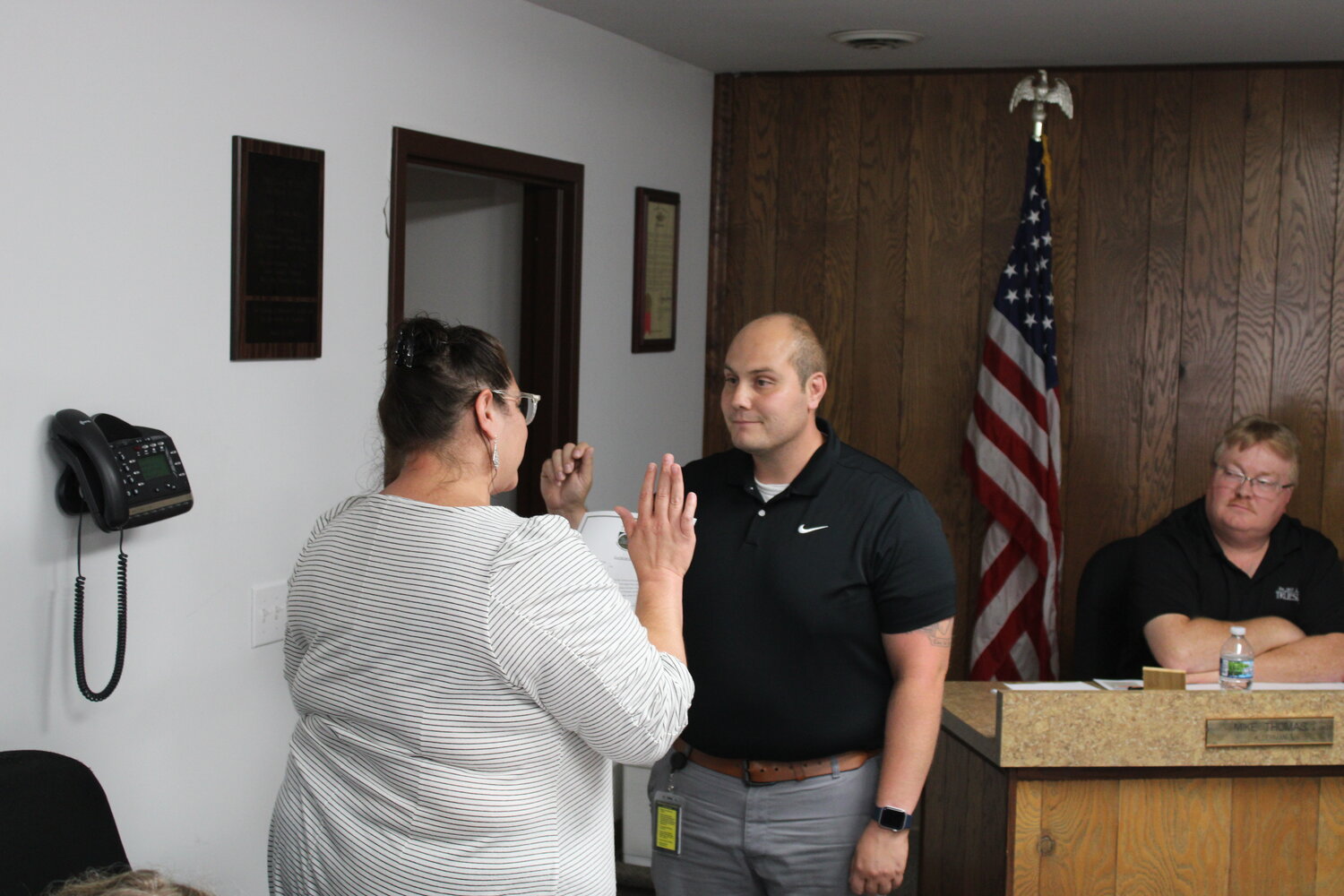 New Truesdale Alderman Justin Naranjo is sworn in before the start of the July 12 board of alderman meeting.