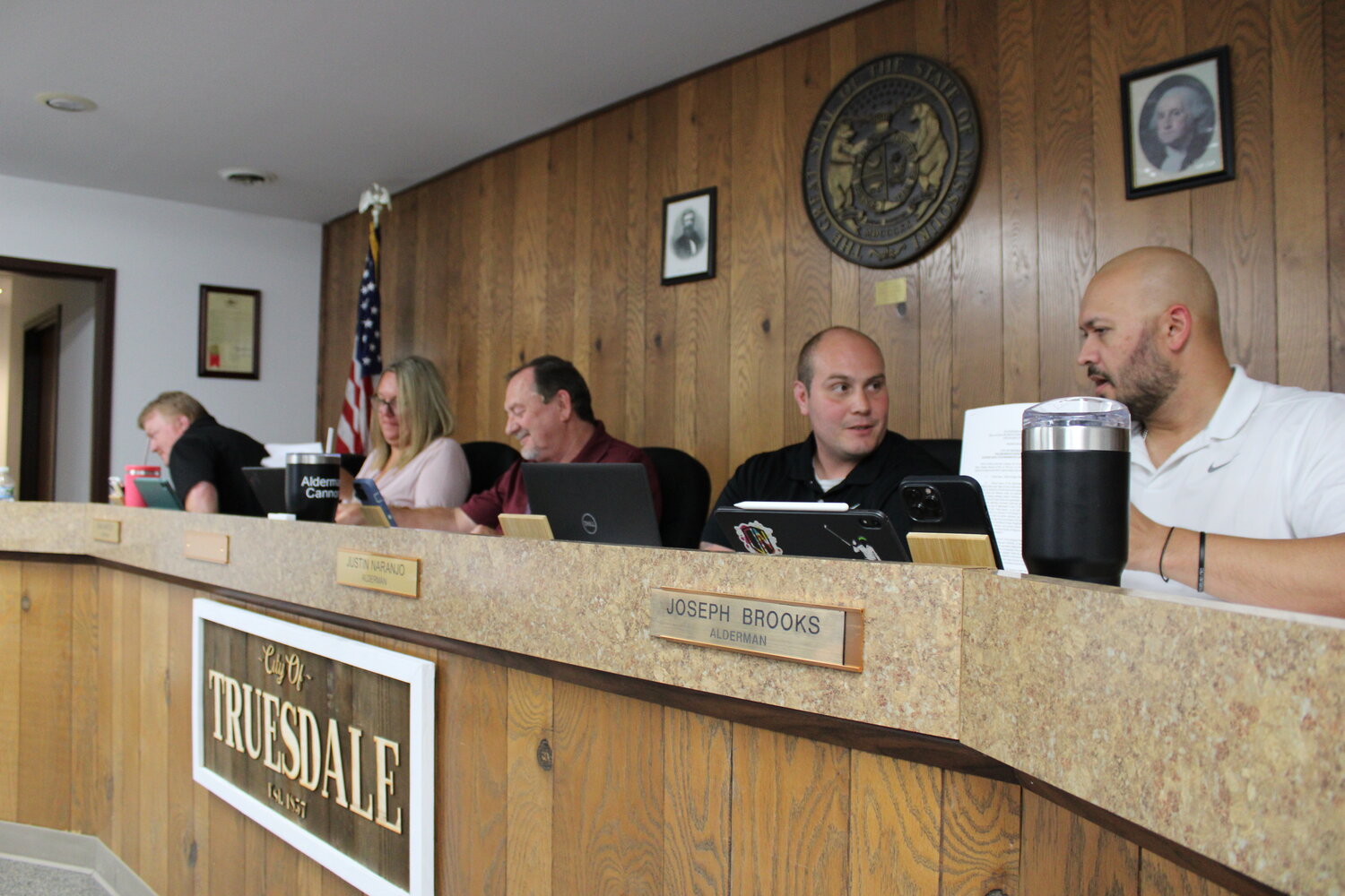 New Board President Mike Thomas, Alderwoman Kari Hartley, Mayor Jerry Cannon, Alderman Justin Naranjo, and Alderman Joseph Brooks are the new leadership for the city of Truesdale.