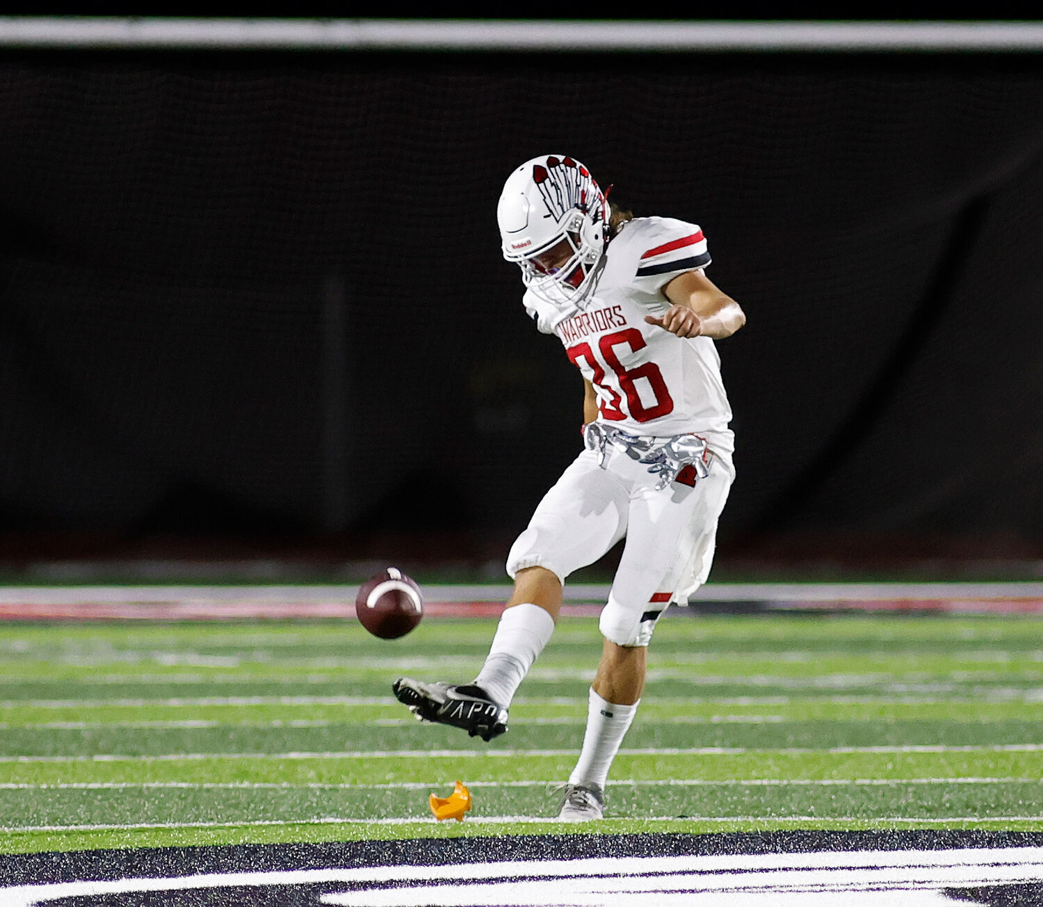 Warrenton's Tyler Faerber (36) kicks off during a game against Fort Zumwalt South, Friday, Aug. 25, 2023, at Fort Zumwalt South High School in St. Peters, Mo.