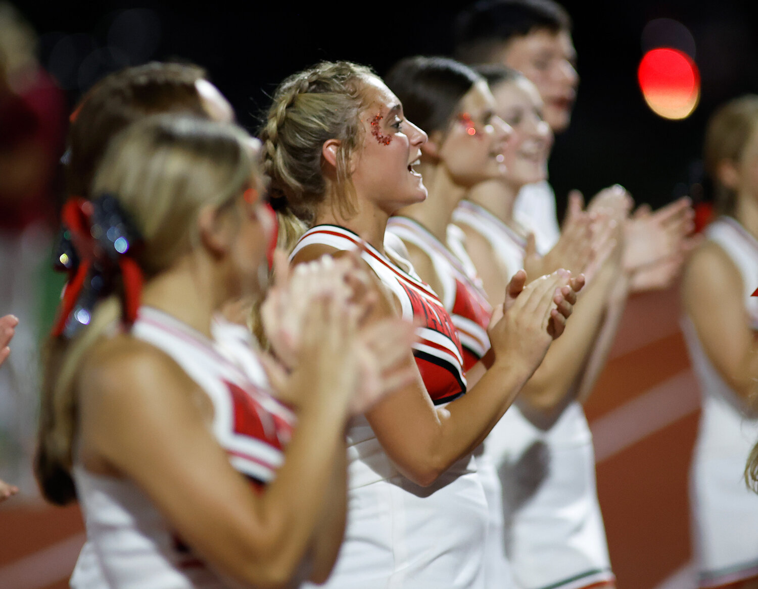 Warrenton cheer performs during a football game between Fort Zumwalt South and Warrenton, Friday, Aug. 25, 2023, at Fort Zumwalt South High School in St. Peters, Mo.
