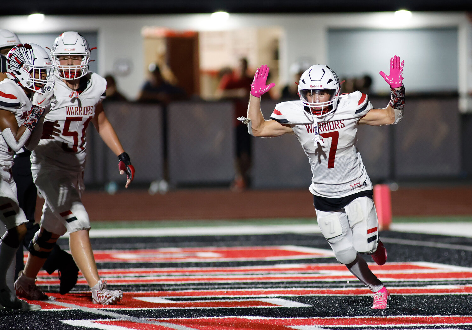 Warrenton's Austin Haas (7) celebrates a touchdown against Fort Zumwalt South, Friday, Aug. 25, 2023, at Fort Zumwalt South High School in St. Peters, Mo.