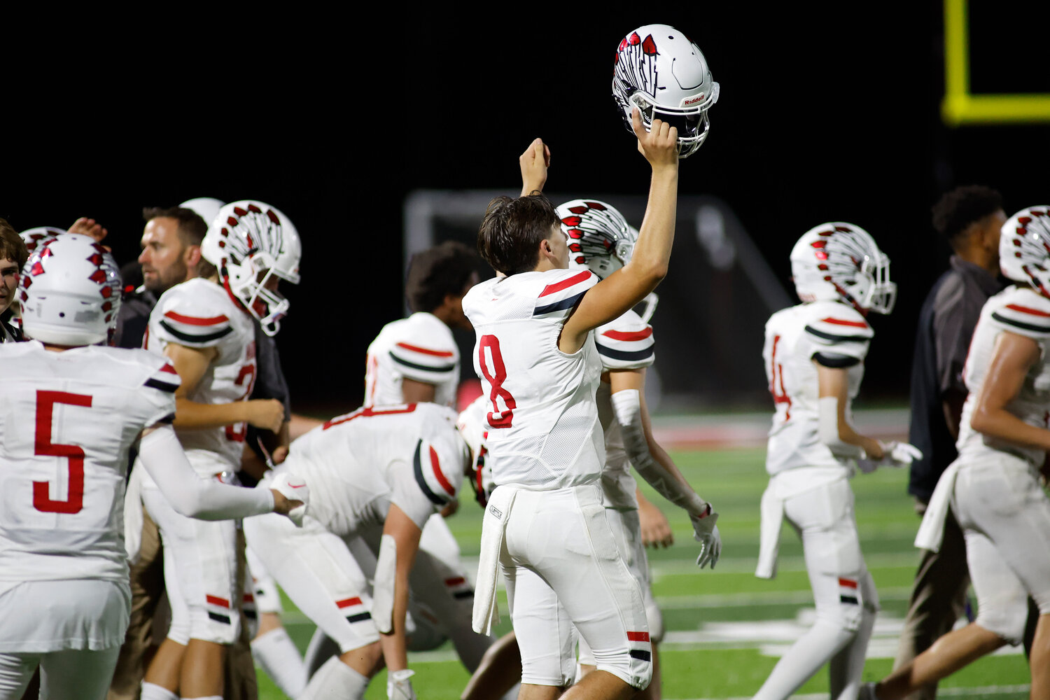 Warrenton celebrates defeating Fort Zumwalt South, Friday, Aug. 25, 2023, at Fort Zumwalt South High School in St. Peters, Mo.