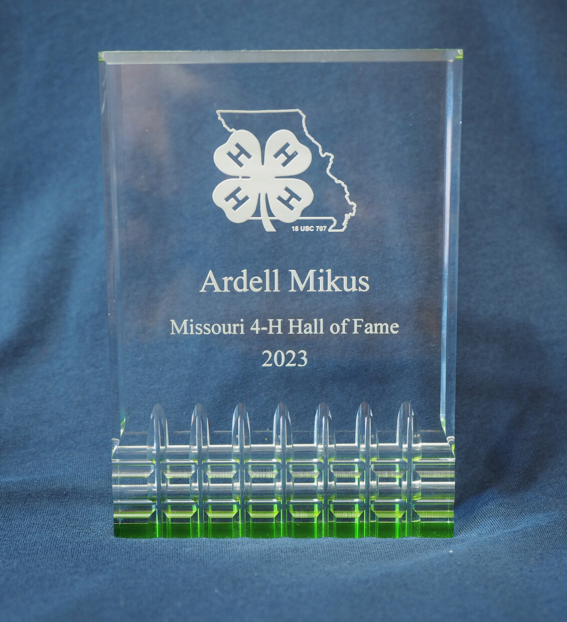 This close up shows the award Ardell Mikus received upon being inducted into the Hall of Fame.