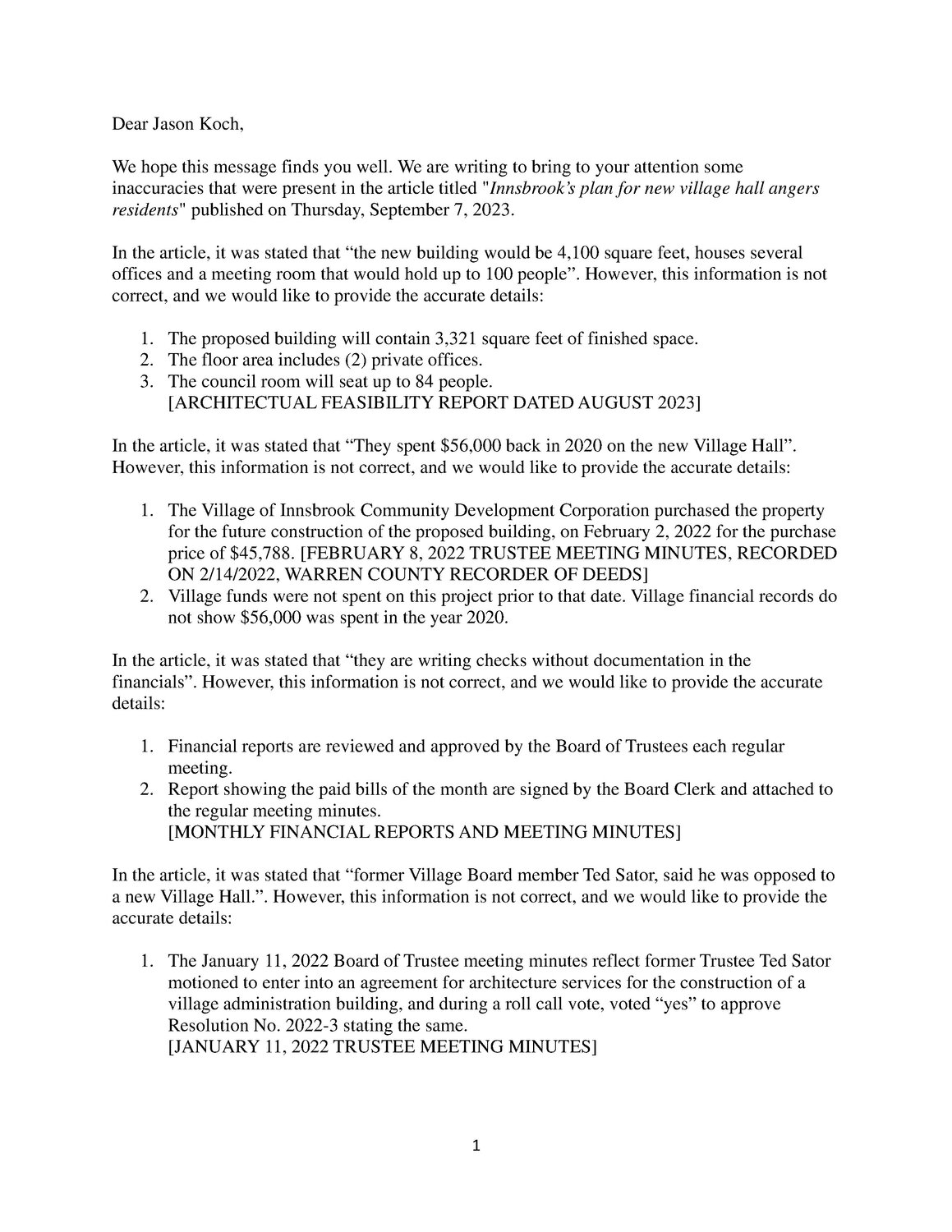 This document was sent to The Warren County Record on Sept. 8, the day after the story was published in both print and online, to address what the village believes are inaccuracies in the story.