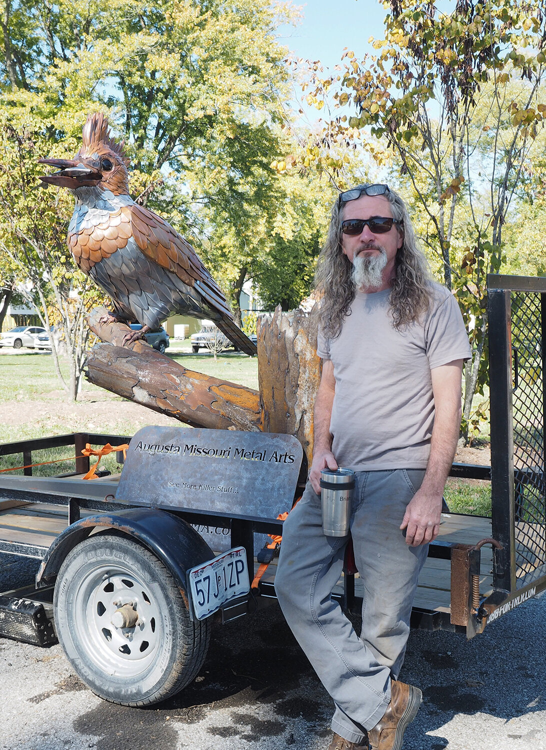 Brian Watson, of Augusta Metal Arts, visited the Treloar Elevator Party Sunday, Oct. 22. He brought with him a recent sculpture of a King Fisher. Watson and partner, Ben Boyher are known for their grand scale sculptures.