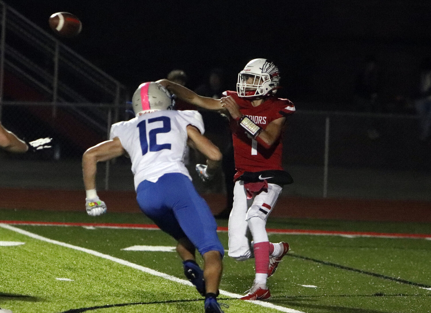 Warrenton quarterback Charlie Blondin throws a pass during the second half of Warrenton’s win over Lutheran St. Charles.