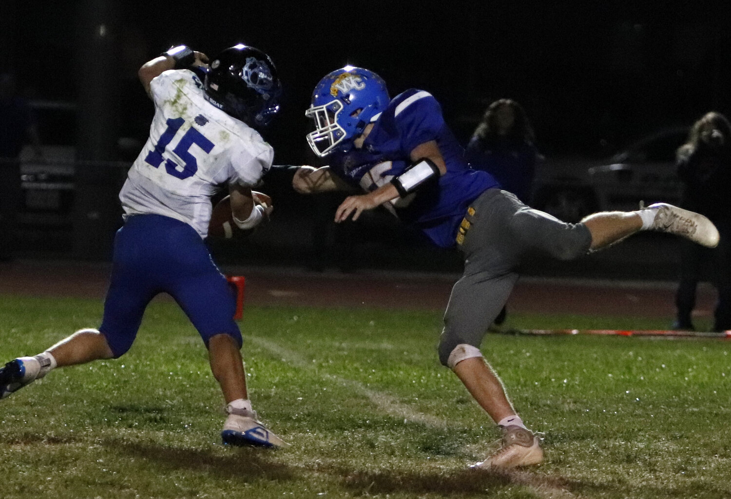 Devin Myers brings down the South Callaway quarterback during a game this past season. Myers was a unanimous Eastern Missouri Conference first team selection at defensive end.