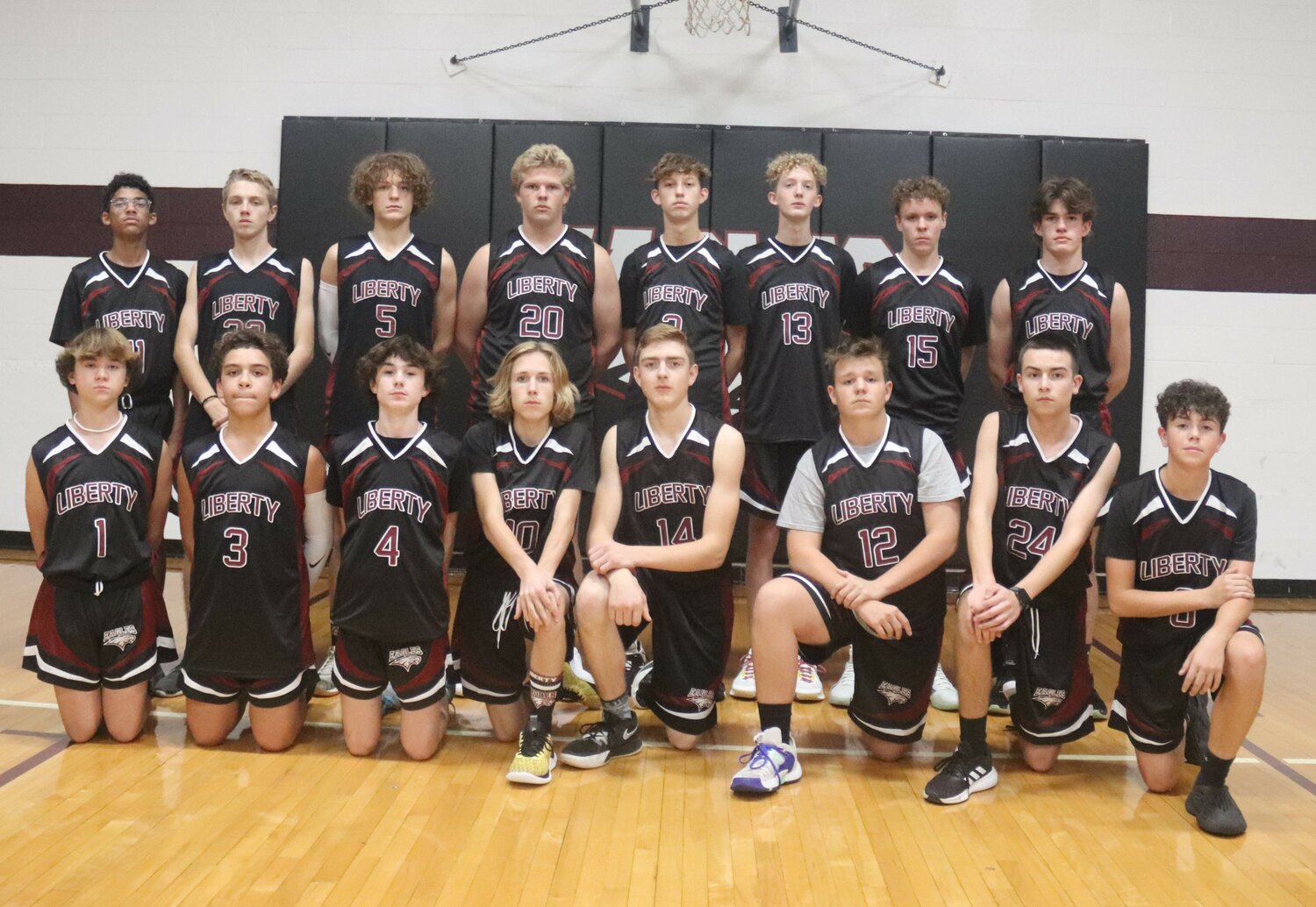 Members of the Liberty Christian boys basketball team are front row, from left: Eathan Roach, Ryder Carlisle, Phoenix Obermann, Cole Melson, Boaz Grimstead, Mitchell Scheer, Tucker Wainscott and Cooper Dickinson. Back row, from left: Julius Amann, Clinton Queen, Levi Coovert, Willy Mueller, Tommy Meyer, RJ Hoffman, Brody Kuehn and Jack Duvel.