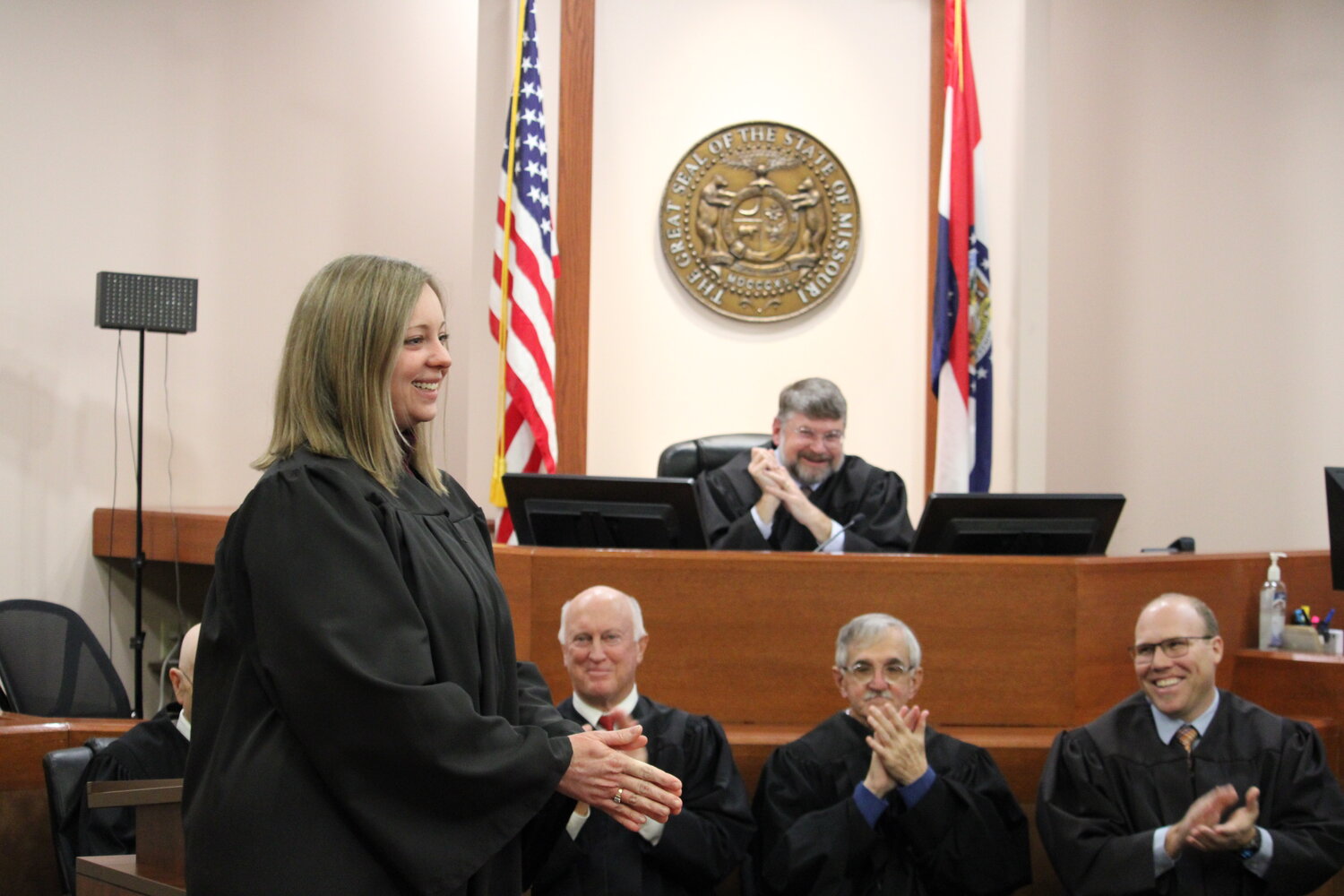 New Judge Katie Joyce addresses the crowd at the end of the installation ceremony.