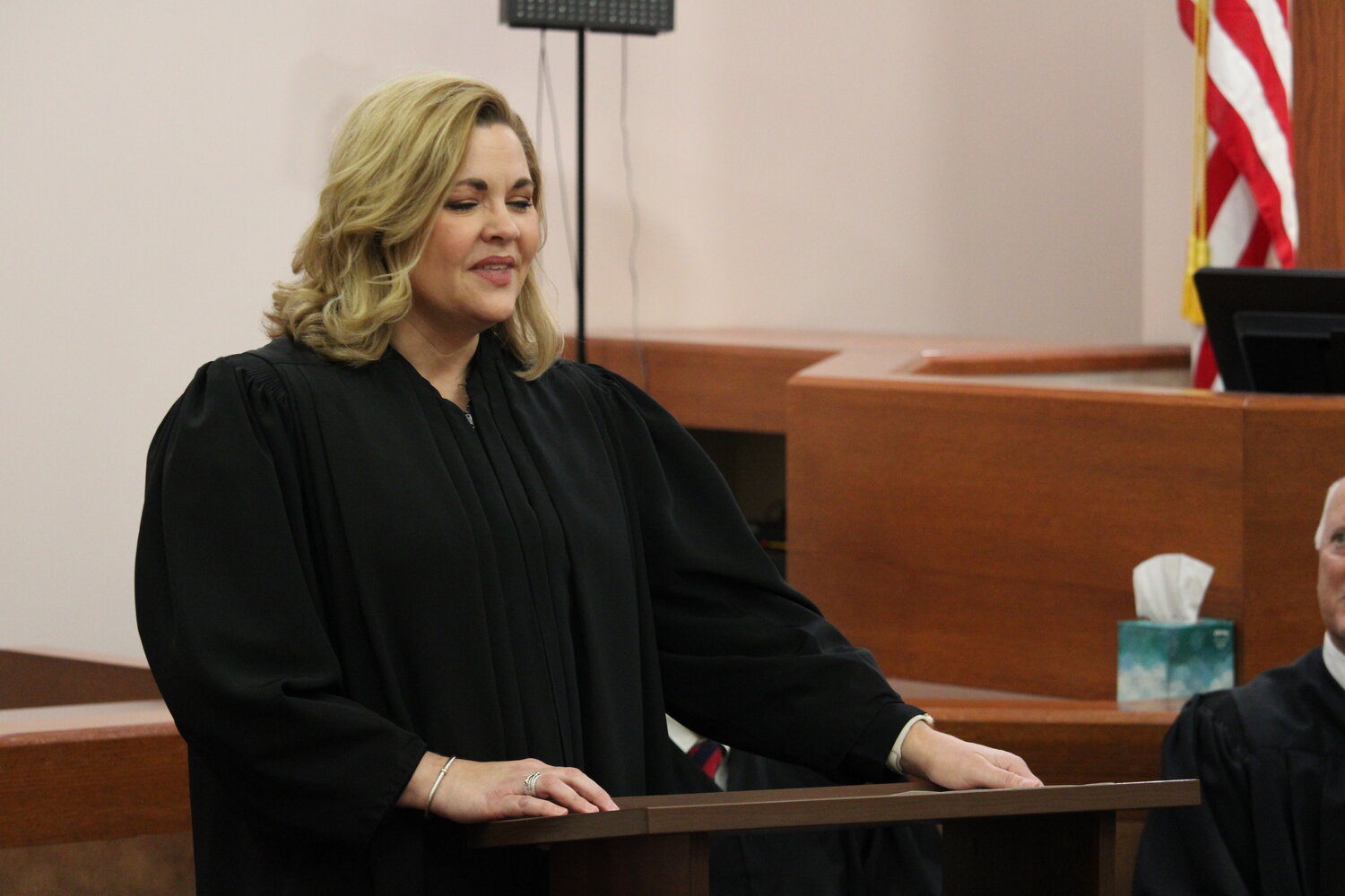Missouri Supreme Court Justice Kelly Broniec speaks at the beginning of the installation ceremony.