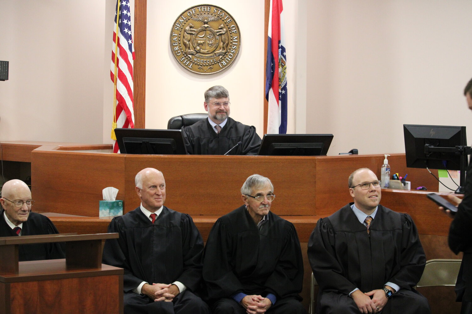 Warren County Presiding Judge Jason Lamb, top, and Judges Keith Sutherland, Michael Wright, Tom Frawley, and Nathan Carroz listen during the cremony.