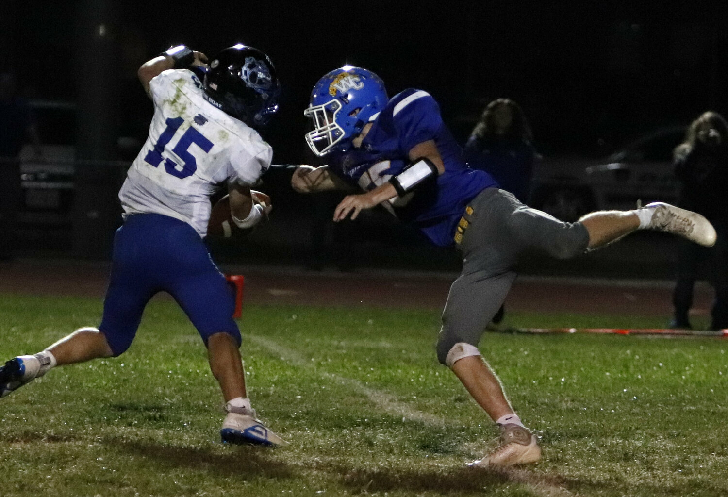 Devin Myers reaches out to make a tackle during a home game against South Callaway this past season.
