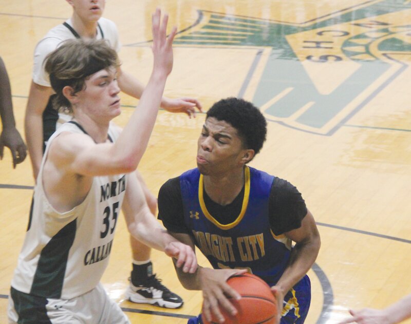Wright City junior Jersiah Higgins drives against North Callaway on Tuesday in Kingdom City. Higgins led the Wildcats with 13 points in the loss following a victory on Friday in which he scored a career-high 23 points.