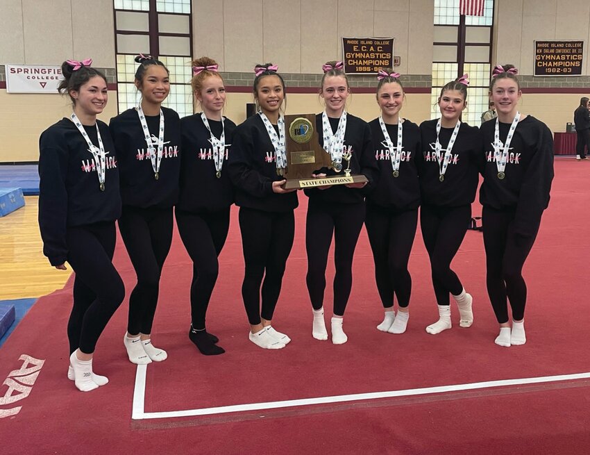 STATE CHAMPS: The Warwick gymnastics co-op after winning the state title last weekend. (Photos by Alex Sponseller)