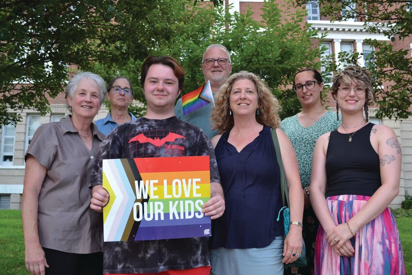 TESTIMONIALS: from left to right, Wendy Becker, Karen Rosenberg, Connor Pyne, Bill Pyne, Stephanie Geller, Giona Picheco and Victoria Eno, attended the July 15 Cranston School Committee meeting to counter-balance Robert Chiaradio’s attempt to persuade school officials to change the city’s “transgender” and “nonconforming and transitioning students policy.” (Cranston Herald photos by Rory Schuler)